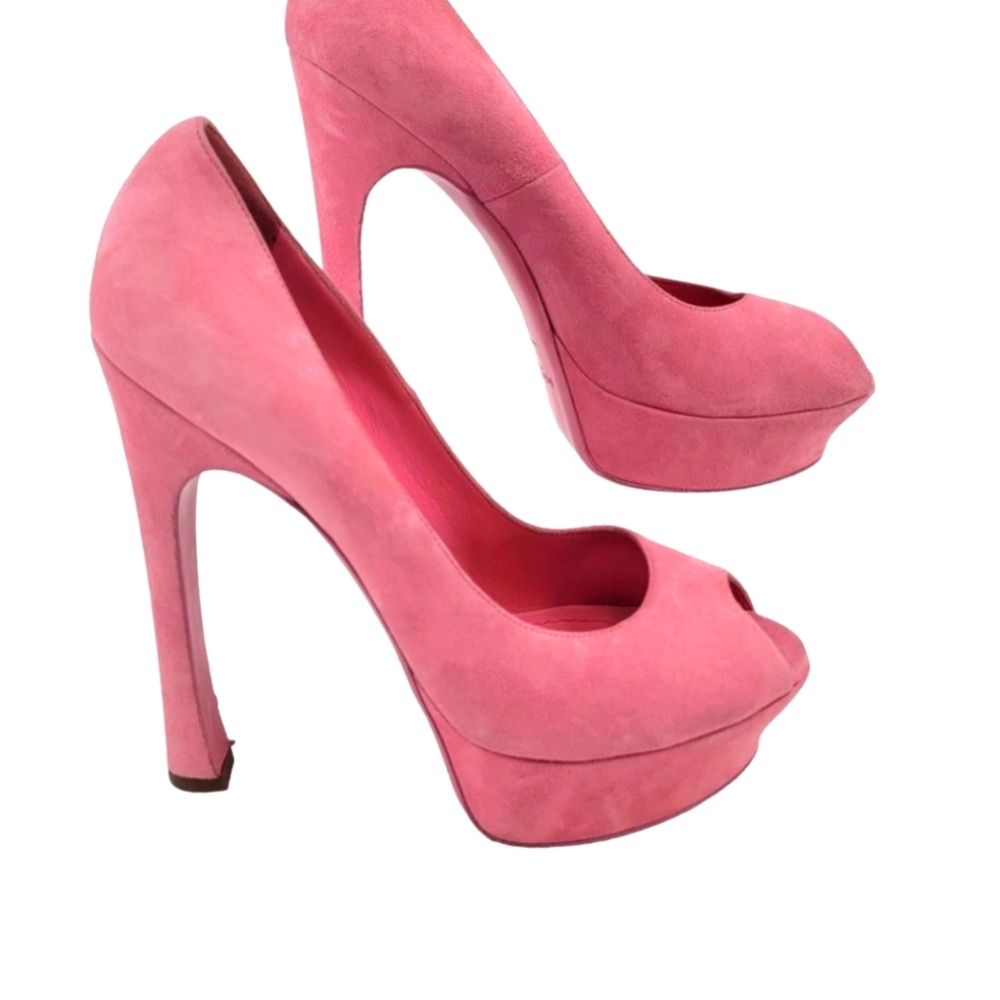 YSL Palais Barbiecore Pink Peep Toe Suede Platform Stiletto Heels 41